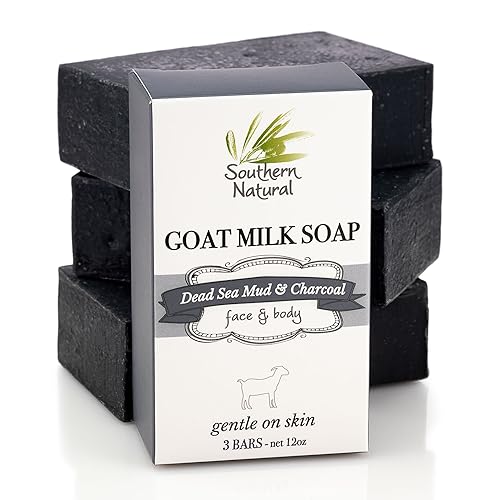 Southern Natural Activated Charcoal Soap Bar (3 Pack) Charcoal Face Soap, Acne Soap and Body Soap For Sensitive Skin. Made With Dead Sea Mud, Goat Milk & Peppermint Essential Oil.