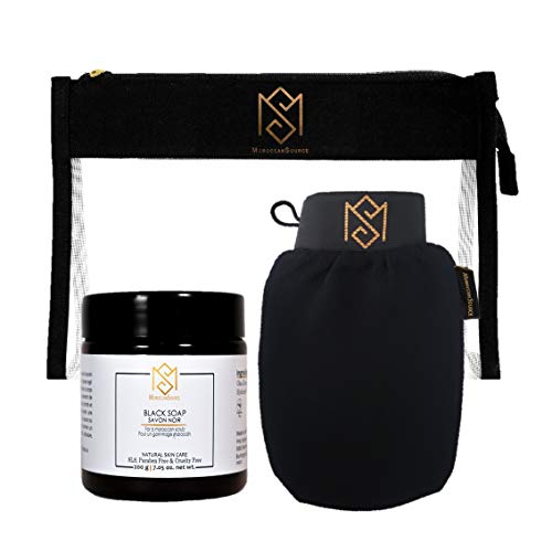 Exfoliating Glove Mitt kit Body Scrubber with Natural Moroccan Black Soap- For Dead Skin Scrubbing and Deep Pore Cleansing - Body Exfoliator Dead skin remover Shower Glove - by Moroccan Source