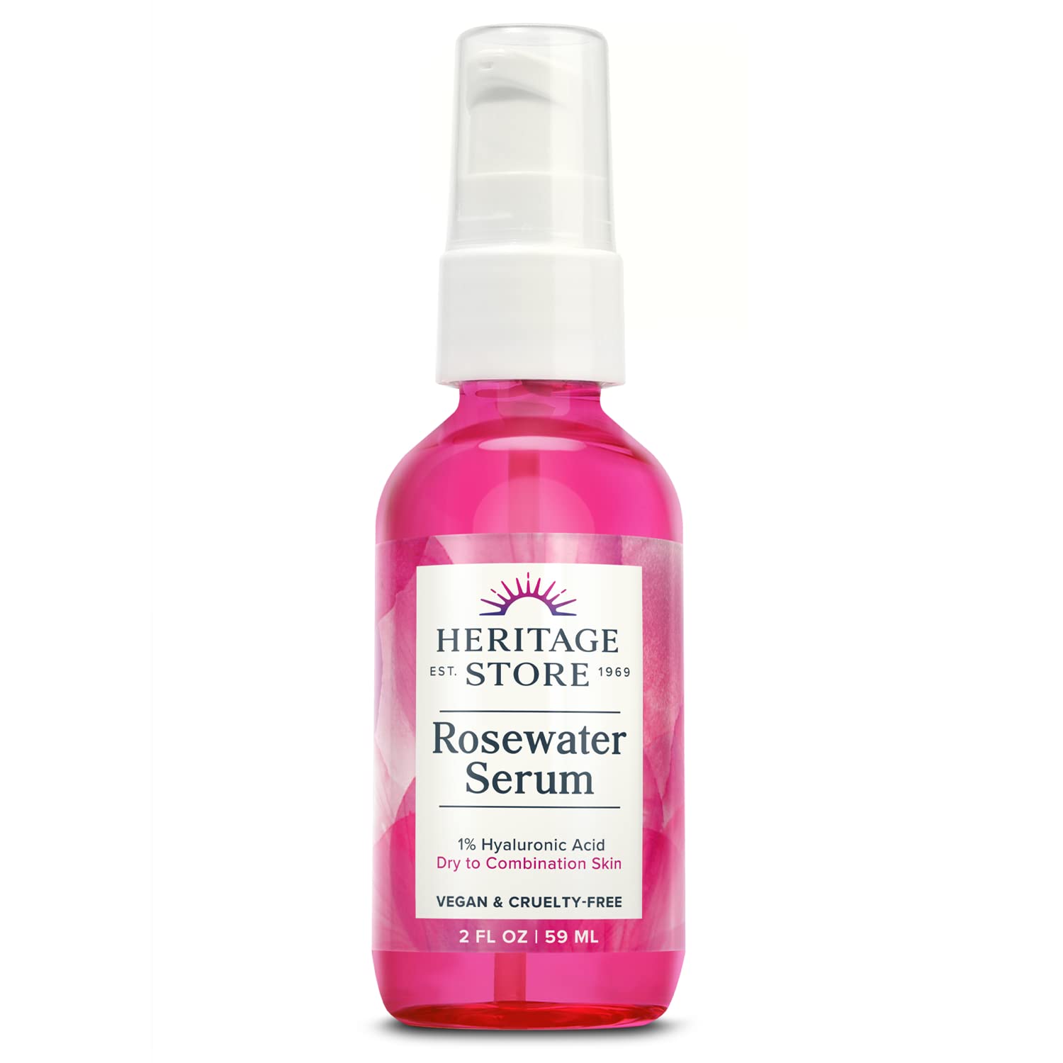 Heritage Store Rosewater Facial Serum, 1% Hyaluronic Acid, Deep Hydration for Dry/Combination Skin Care, Minimizes Appearance of Fine Lines & Wrinkles, Adds a Natural Glow, Hypoallergenic, Vegan, 2oz
