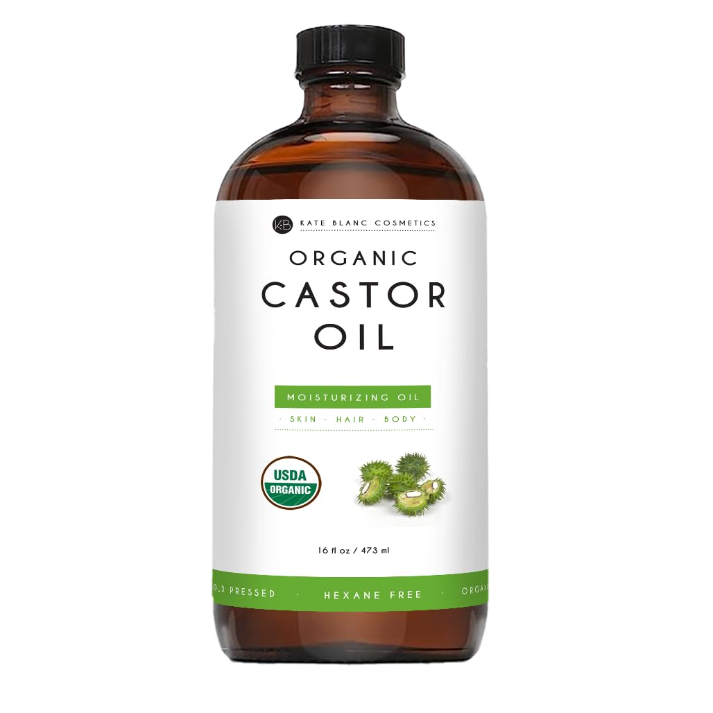 Kate Blanc Cosmetics Castor Oil (16oz) in Glass Bottle. USDA Certified Organic. 100% Pure Cold-Pressed & Hexane-Free. Promote Growth for Hair, Eyelashes, Eyebrows