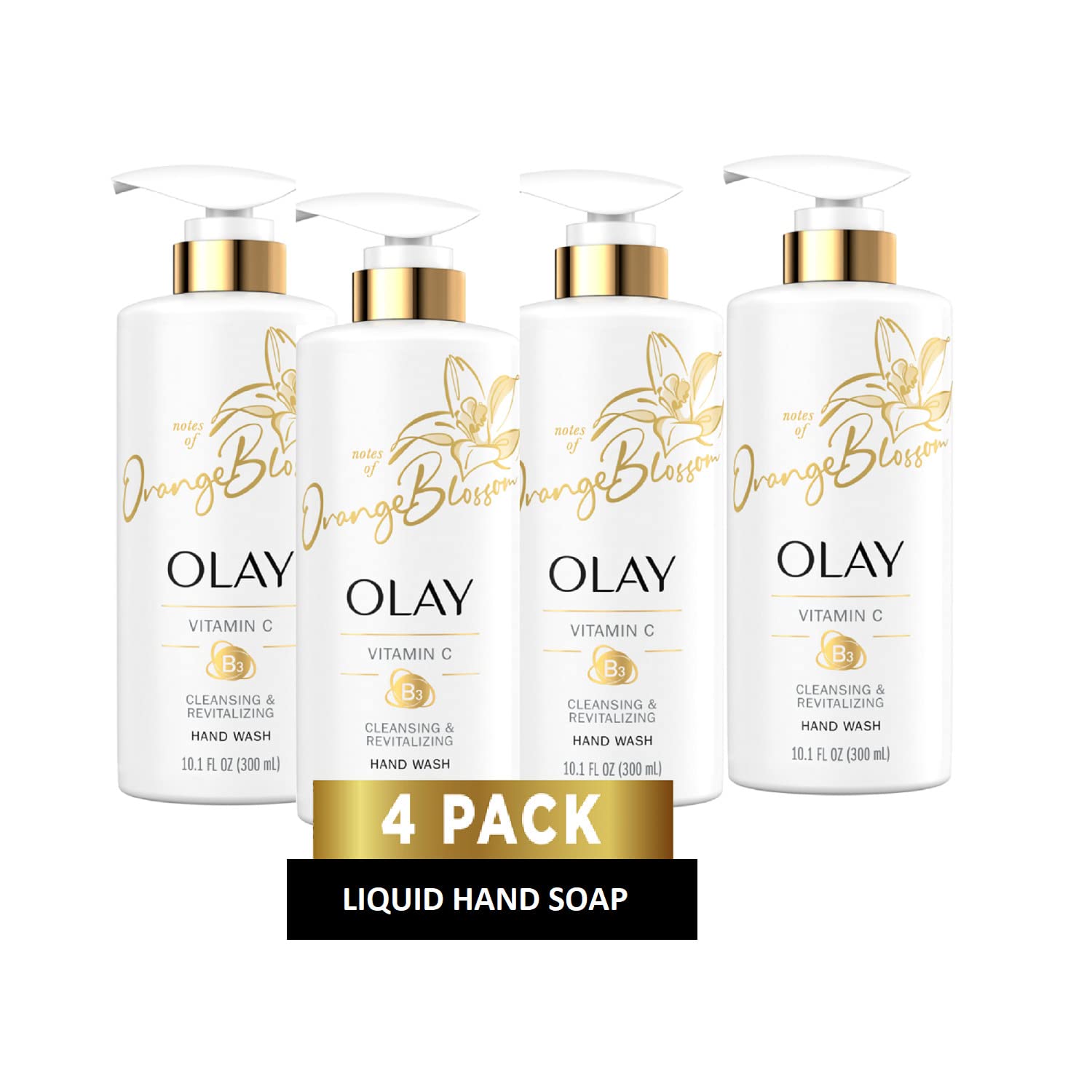 Olay Cleansing & Revitalizing Hand Soap 4ct with Vitamin B3 + Vitamin C Hand Soap Pump,10.1 fl oz/300 mL (Pack of 4)