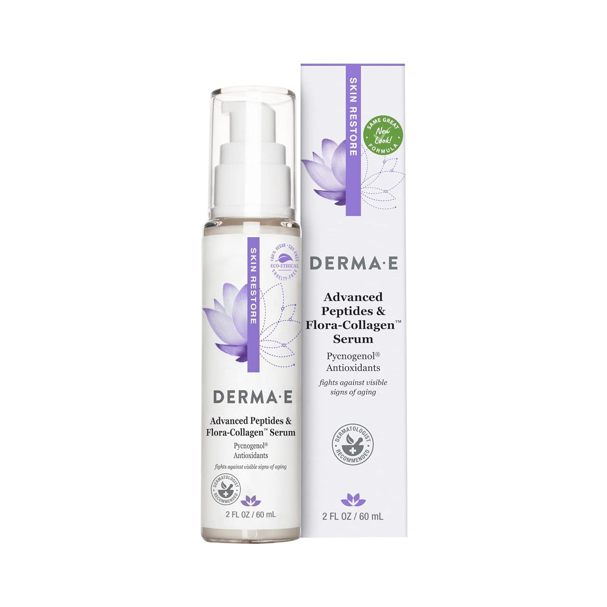 DERMA E Advanced Peptides and Vegan Flora-Collagen Serum – Double Action Collagen Face Cream with Peptide Complex – Intensely Hydrating Treatment for Lines, Wrinkles and Redness, 2 oz