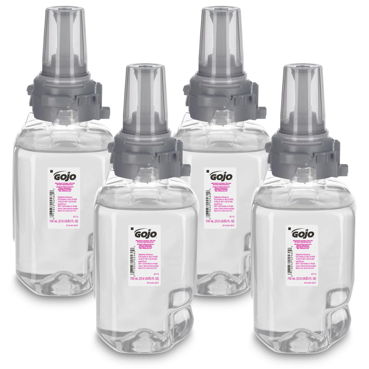 GOJO Antibacterial Foam Handwash, Plum Fragrance, 700 mL Foam Hand Soap Refill for GOJO ADX-7 Push-Style Dispenser (Pack of 4) - 8712-04