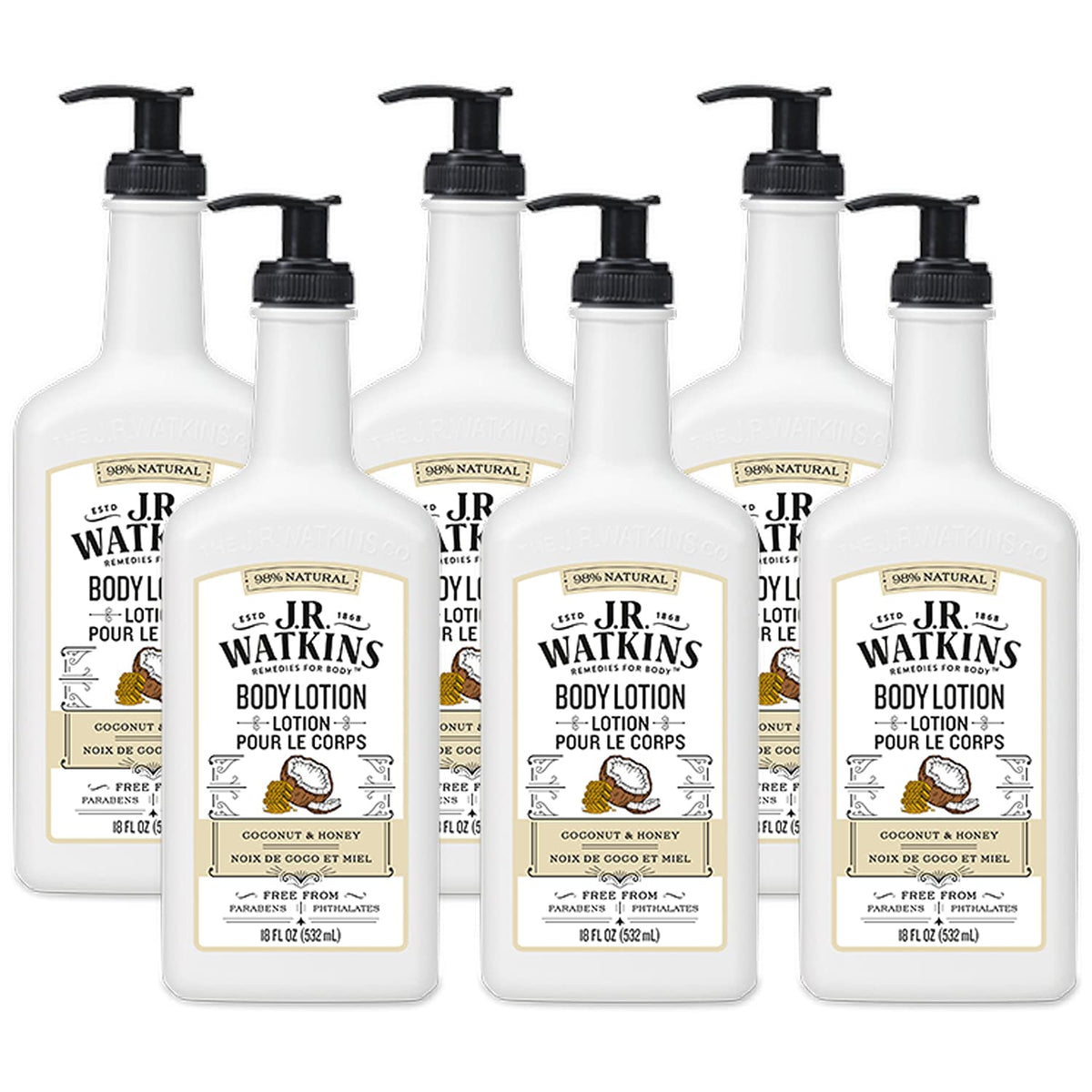 J.R. Watkins Daily Moisturizing Lotion – Body Cream in Pump Dispenser – Hydrating Skin Cream Made with Shea Butter, Cocoa Butter, Coconut Oil & Vitamin E, Coconut Milk & Honey, 18 fl oz, 6 Pack