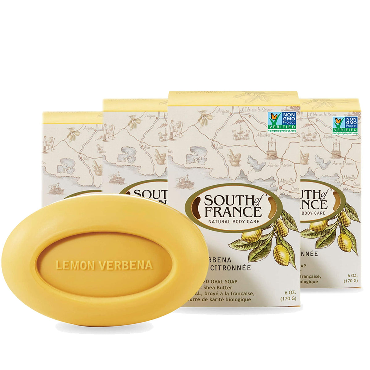 Lemon Verbena Clean Bar Soap by South of France Clean Body Care | Triple-Milled French Soap with Organic Shea Butter + Essential Oils | Vegan, Non-GMO Body Soap | 6 oz Bar ? 4 Pack