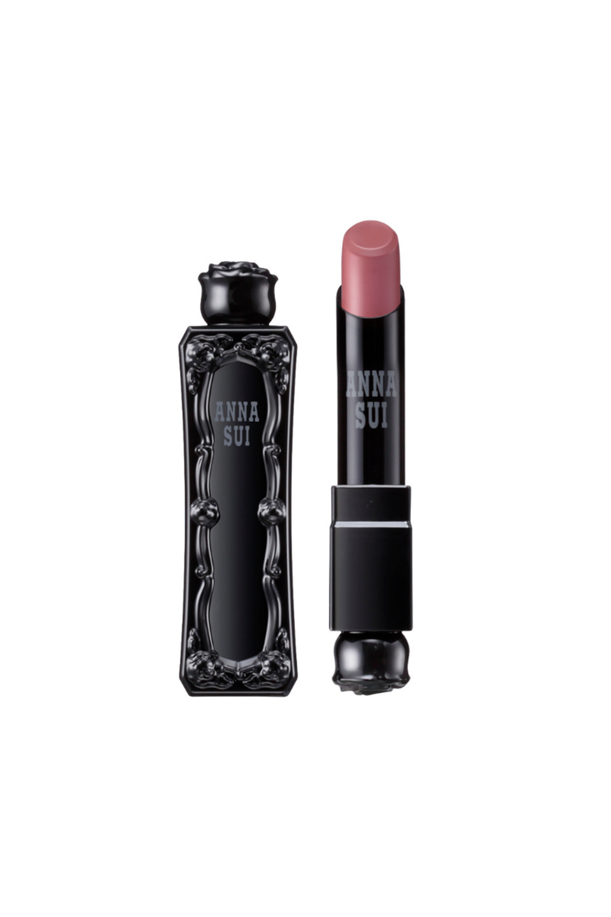 Antique Rose lipstick, in an Anna Sui, black container with raised rose pattern, rose on top
