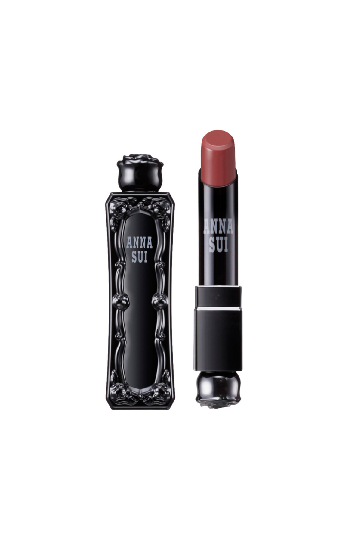 Nude Chocolate, in an Anna Sui, black container with raised rose pattern, rose on top